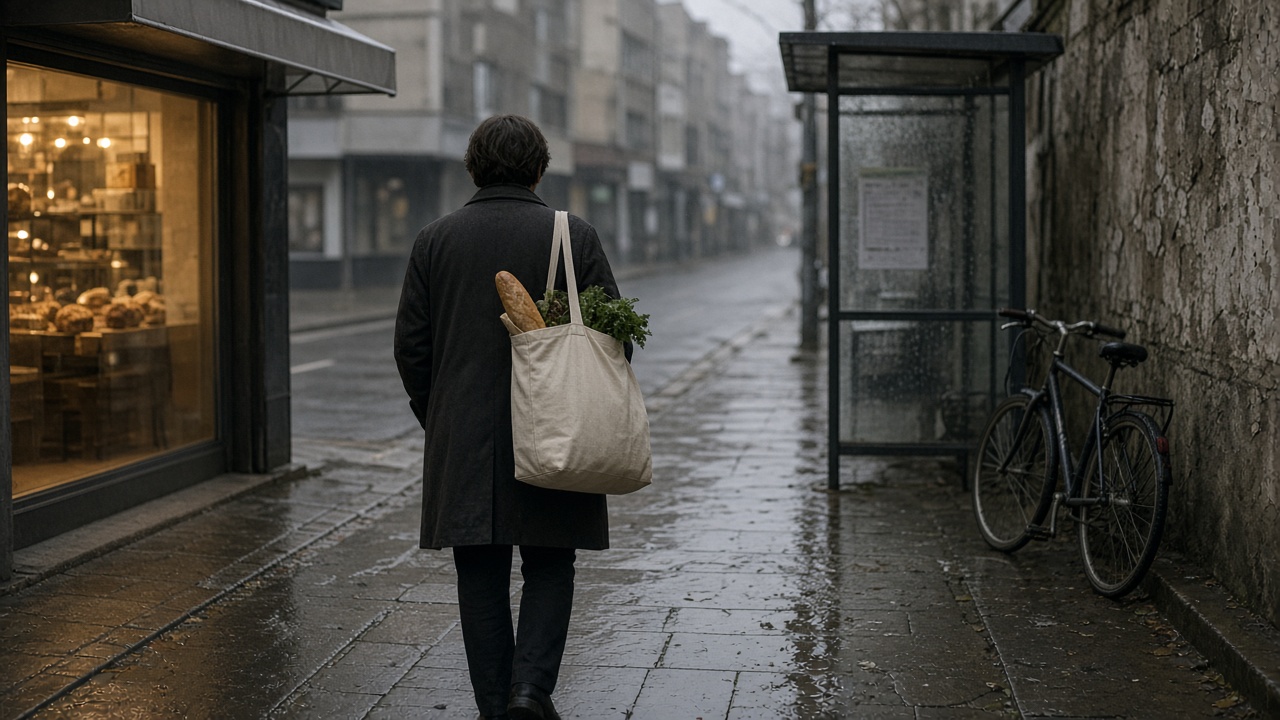 A person walking home along a rainy street with groceries.